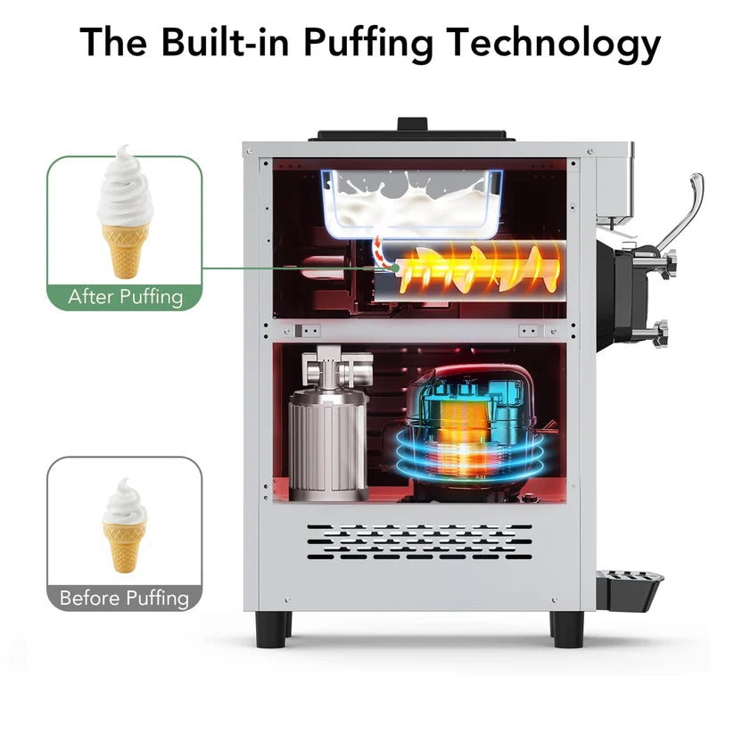 Garvee 1100W Commercial Soft Serve Ice Cream Machine Compact 22L/h High Yield, 7L Hopper, Pre-Cooling (UK 3-Pin Plug, 220V)