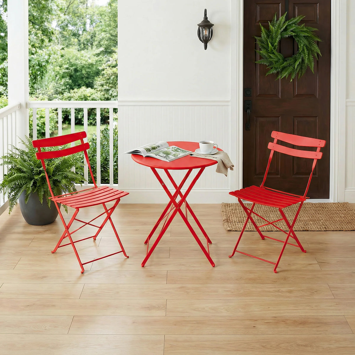 Garvee Red Foldable Metal Garden Bistro Set 3 Piece Table and Chairs Outdoor Furniture No Assembly Required for Balcony Patio and Terrace