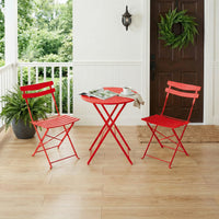Garvee Red Foldable Metal Garden Bistro Set 3 Piece Table and Chairs Outdoor Furniture No Assembly Required for Balcony Patio and Terrace