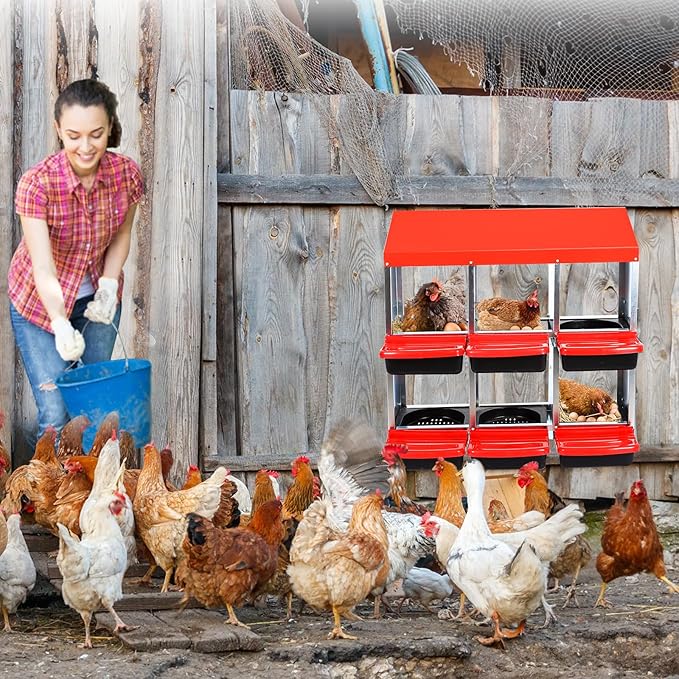 Garvee 6-Compartment Roll-Away Nesting Box for Hens – Galvanized Metal Poultry Nest with Easy-Clean Plastic Trays & Protective Lid Cover