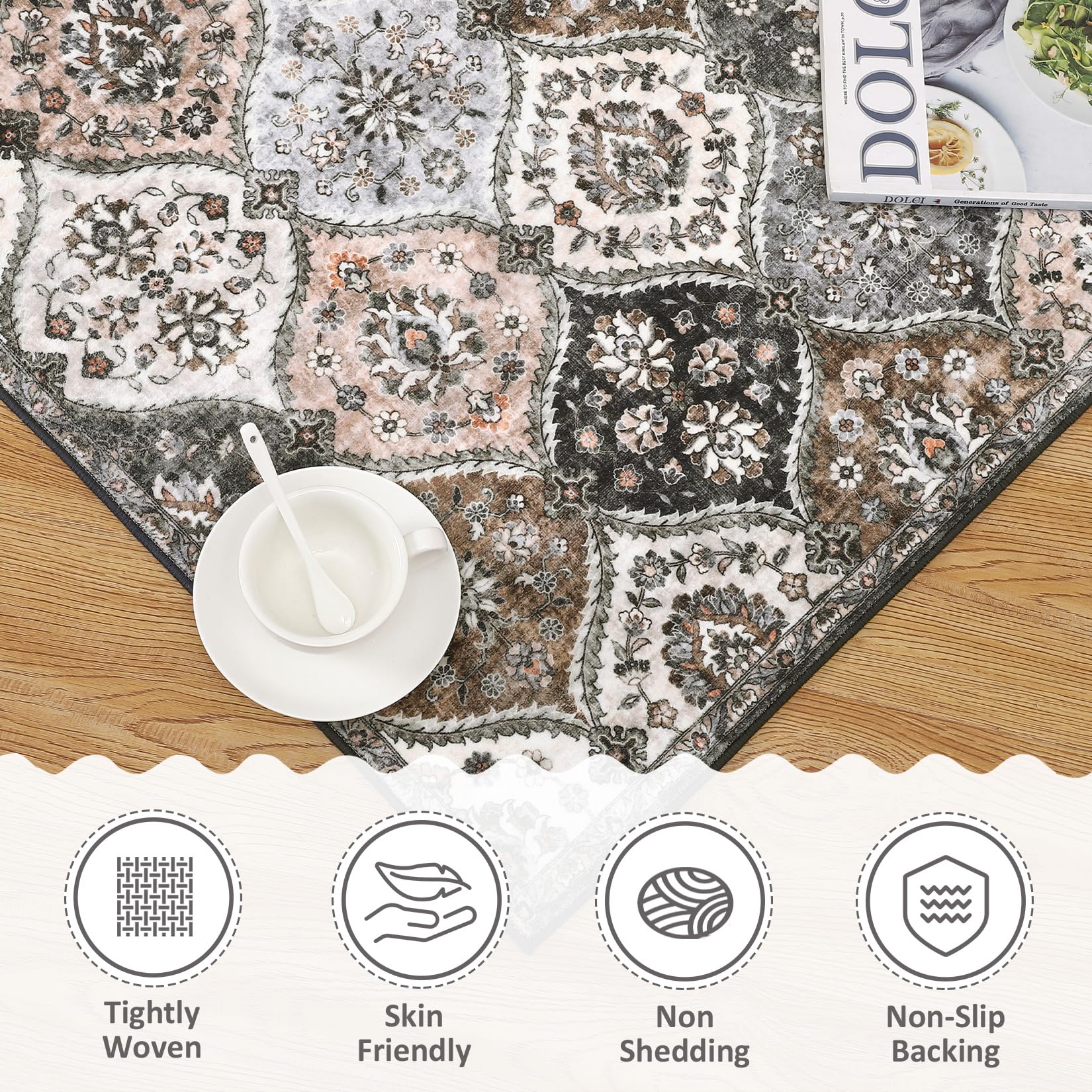 GARVEE 120x170 cm Washable Area Rug Non-Slip Faux Wool Soft Vintage Floral Carpet Pet Friendly Low Pile Mat for Living Room Bedroom Grey Brown