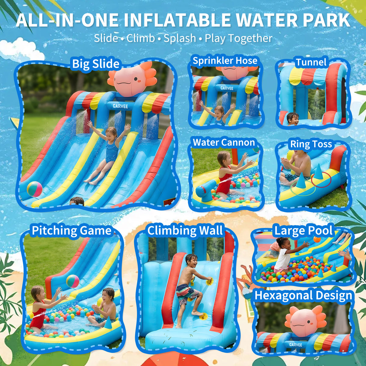 Garvee 8-in-1 Inflatable Water Slide Park, Hexagonal Dragon Kids Bounce House with 550W Blower, UK Plug