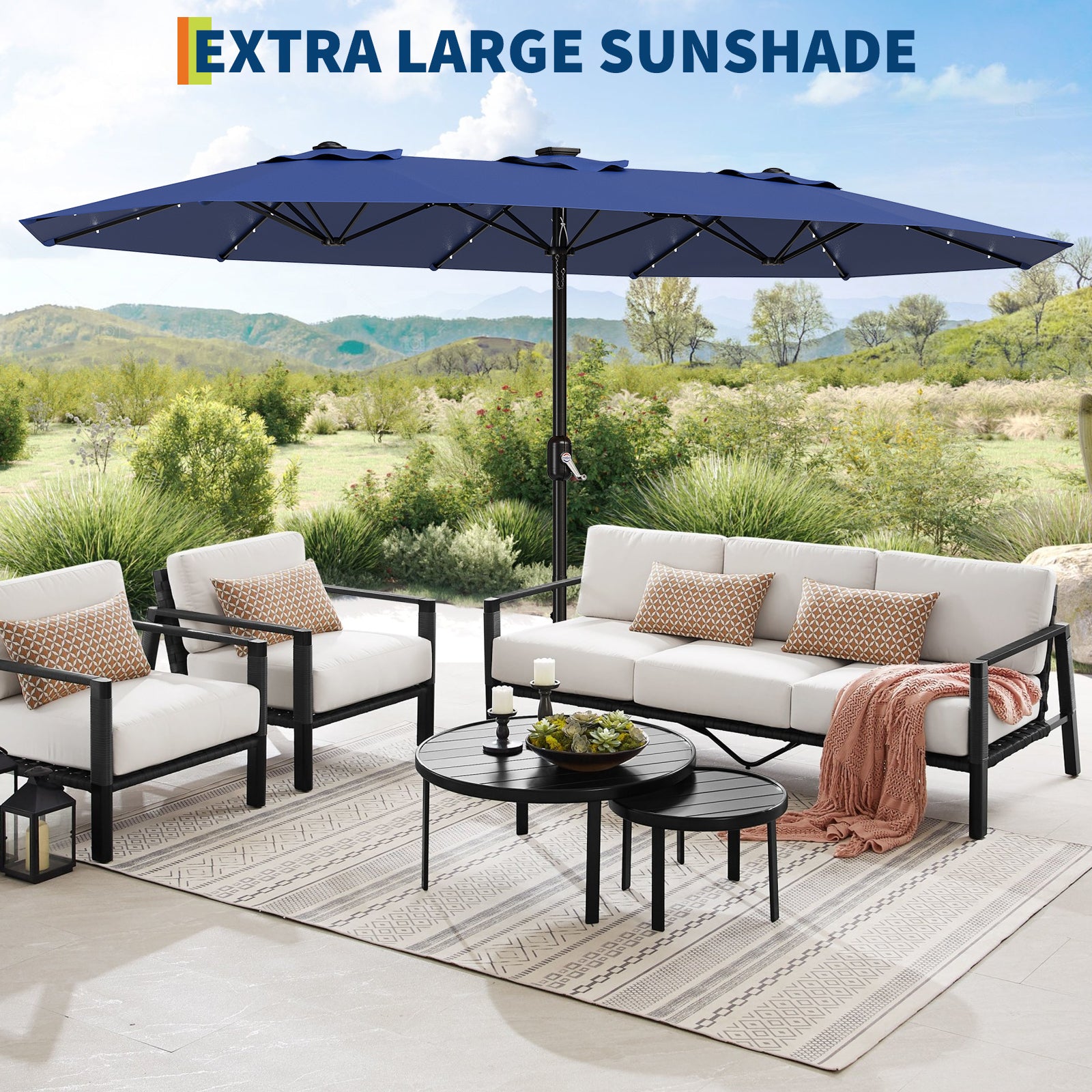 Garvee 4.57m 15ft Rectangular Solar Parasol with LED Lights and Base Included Large Garden Umbrella Crank Handle UV Protection for Patio Backyard Deck Poolside,Navy Blue