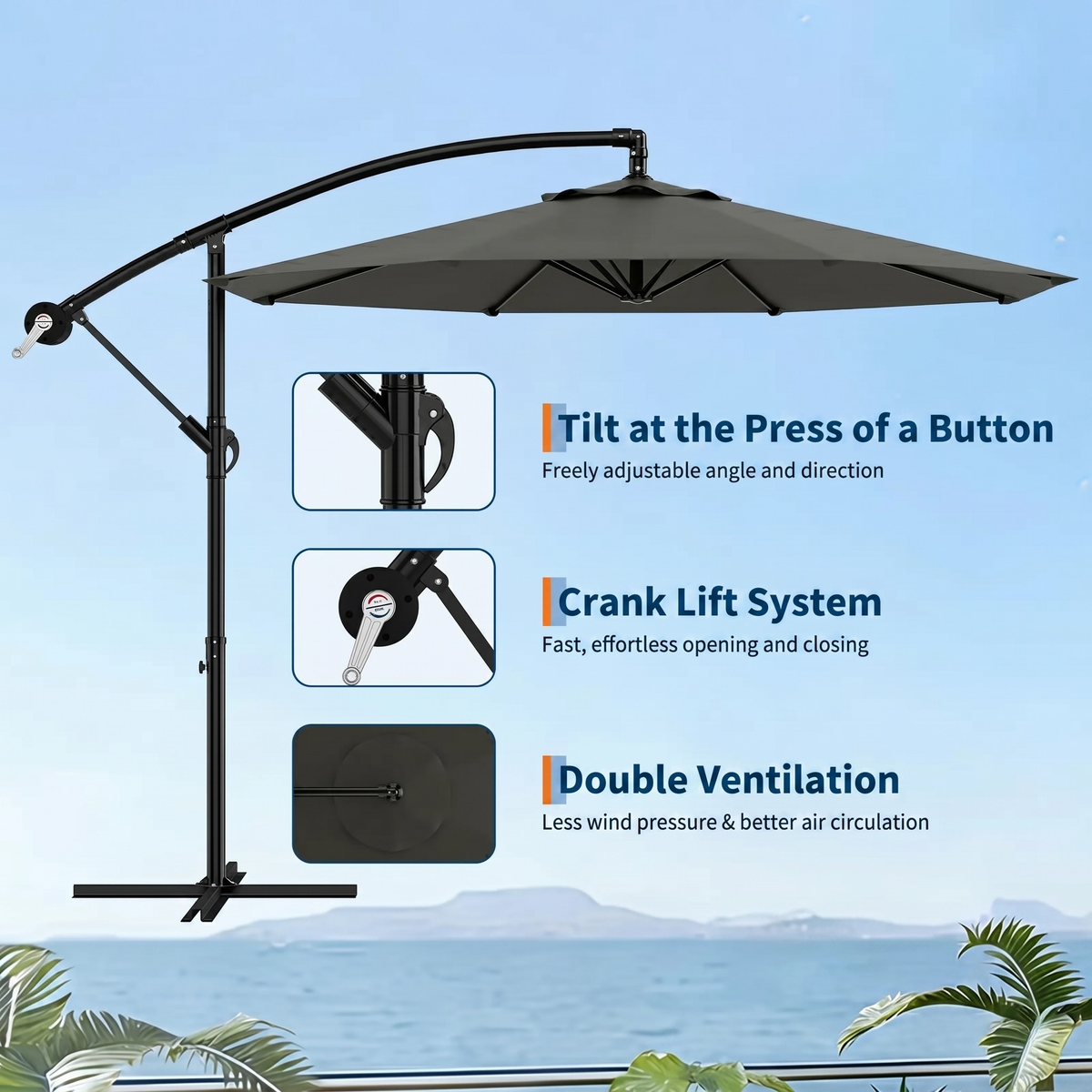 Garvee Diameter 300 cm Grey Aluminium 360 Degree Rotating Cantilever Parasol with Crank Adjustable Tilt Cross Base and UV50 Protection for Garden Patio