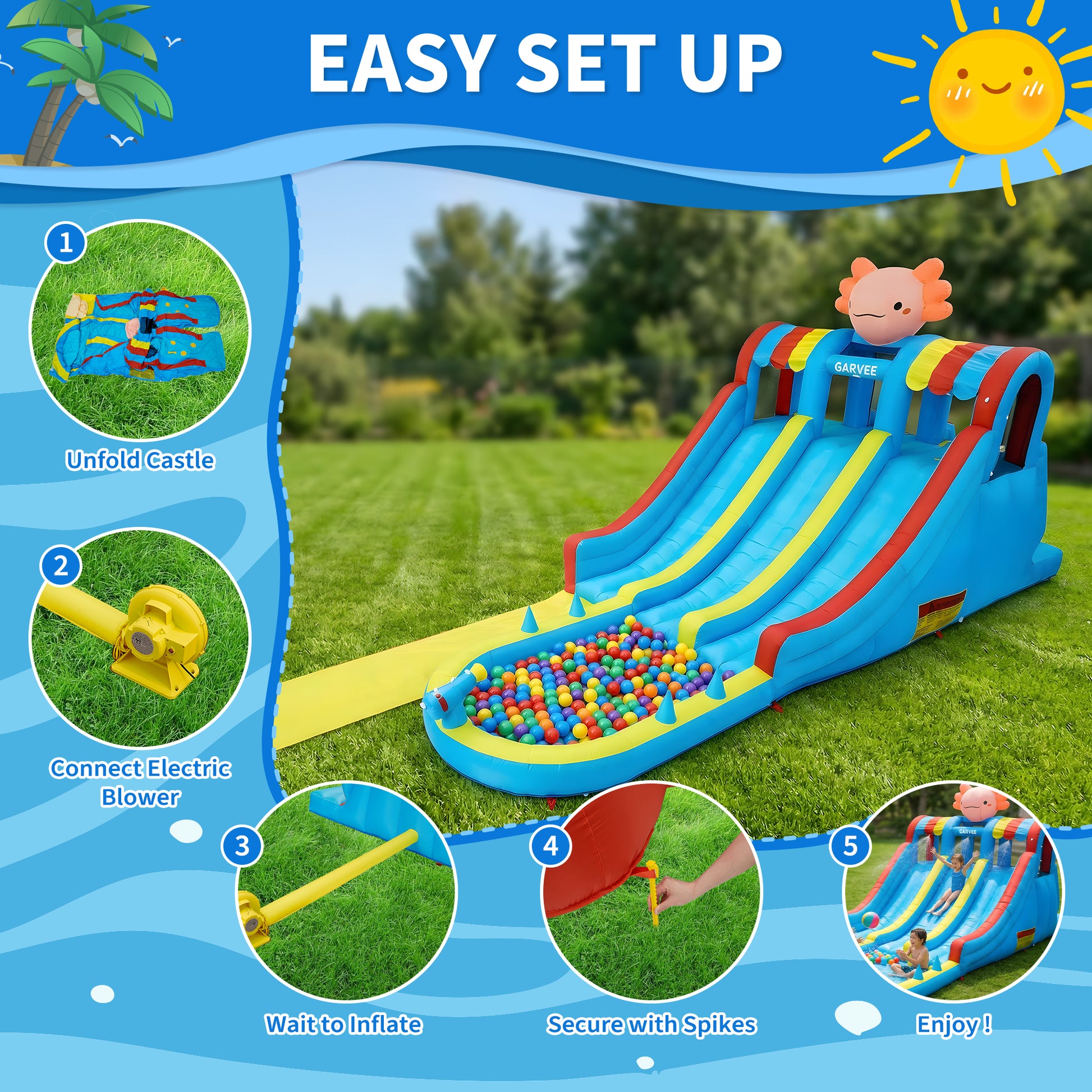 Garvee 8-in-1 Inflatable Water Slide Park, Hexagonal Dragon Kids Bounce House with 550W Blower, UK Plug