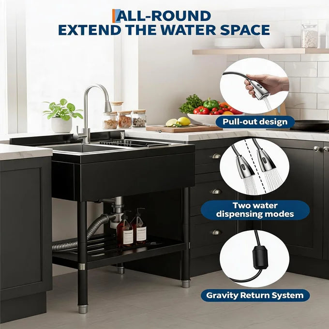 GARVEE 65 × 52 × 100 cm Stainless Steel Utility Sink Freestanding Laundry Basin Cabinet with Tap Drain Hose Kit for Garage Kitchen Bathroom Laundry Room Silver