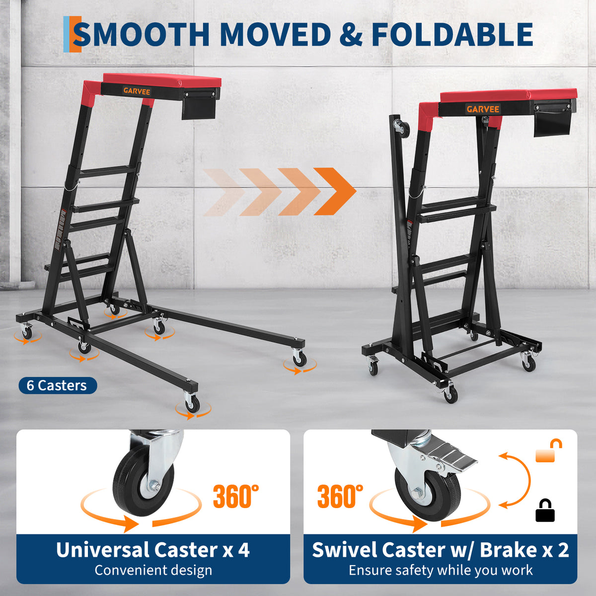GARVEE Heavy Duty Topside Engine Creeper 181kg Capacity Foldable Height Adjustable 122-168cm Padded Deck Mechanics Creeper with Castors Garage,Black