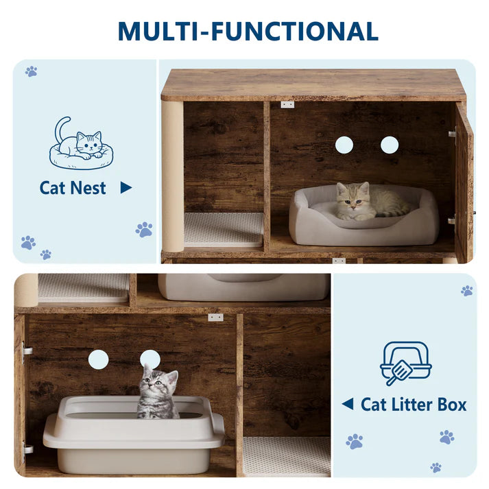 Garvee Double Layer Cat Litter Box Furniture With Scratching Post And Litter Mats, Wooden Corner Cabinet, Multi-Functional, Easy To Clean, Natural Wood Color