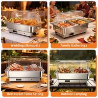 Garvee Electric Chafing Dish Buffet Server Set 9QT Capacity 600W with Roll Top Transparent Lid Adjustable Temperature Control 86 F to 200 F One Full Size and Two Half Size Food Pans for Commercial Catering,Parties and Events