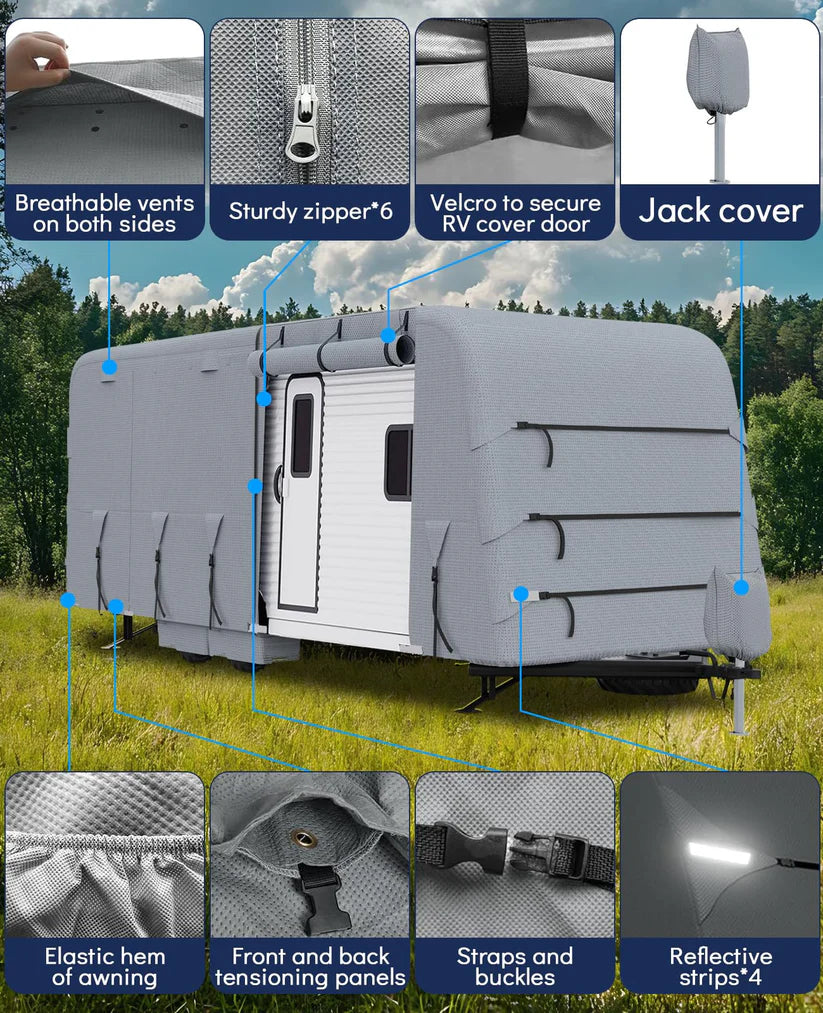 Garvee Heavy-Duty 4-Layer Caravan Cover(18-20ft) – Waterproof & Rip-Stop Breathable Winter Cover – Includes Hitch Cover & Gutter Protectors – Grey
