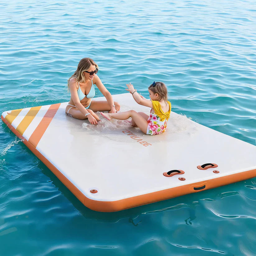 Garvee Orange 180 x 150 cm Inflatable Floating Dock Pontoon Swim Platform with Non Slip EVA Pad Electric Air Pump and Rope Ladder for Lake Pool and Beach