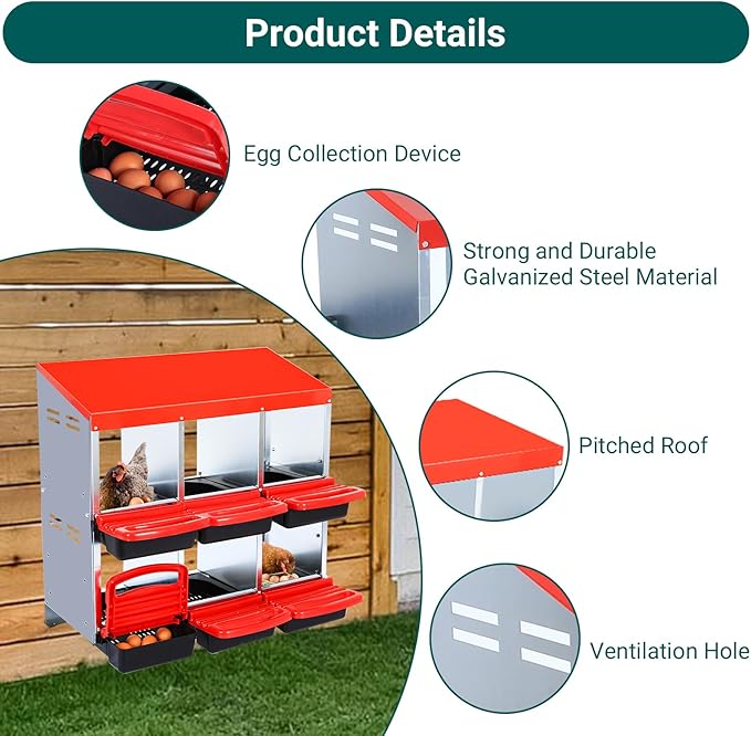 Garvee 6-Compartment Roll-Away Nesting Box for Hens – Galvanized Metal Poultry Nest with Easy-Clean Plastic Trays & Protective Lid Cover