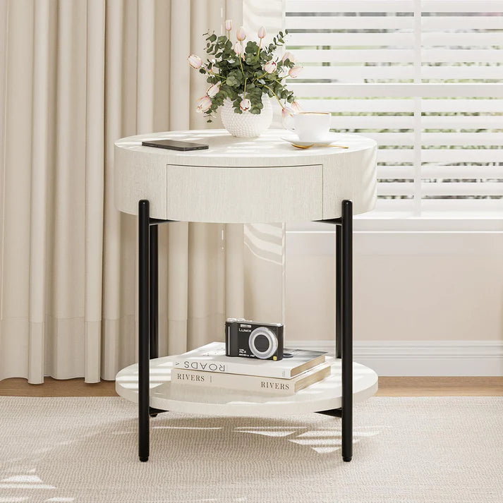 Garvee Vintage Farmhouse Round Side Table Bedside Table with Drawer and Sturdy Metal Legs Wood Accent Furniture for Living Room Bedroom and Home Office - Antique White