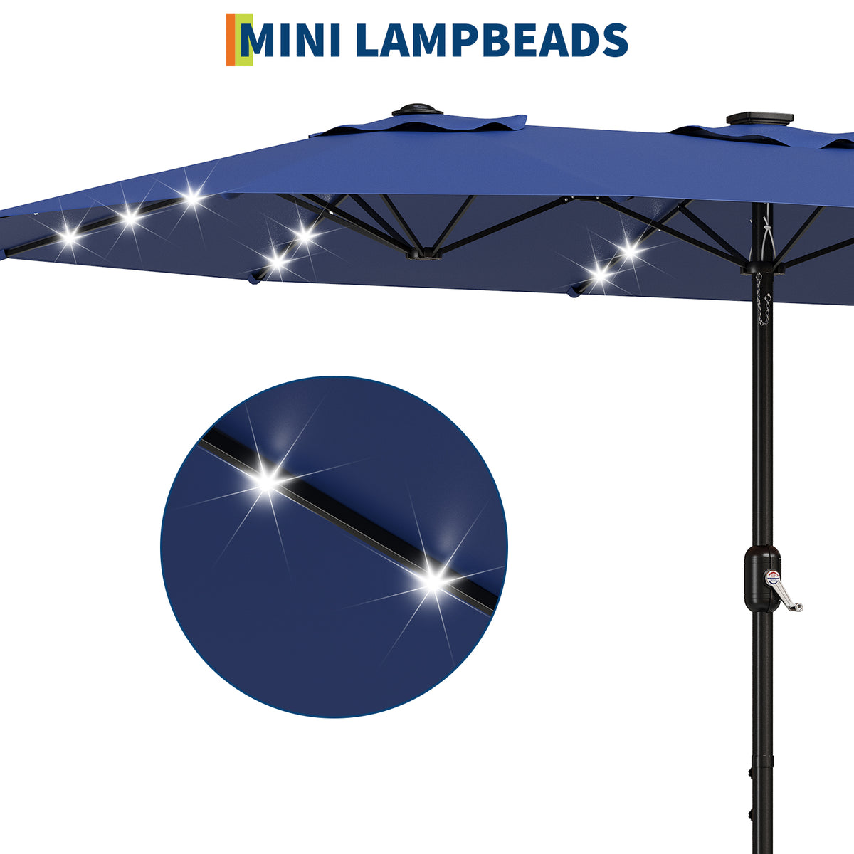 Garvee 4.57m 15ft Rectangular Solar Parasol with LED Lights and Base Included Large Garden Umbrella Crank Handle UV Protection for Patio Backyard Deck Poolside,Navy Blue