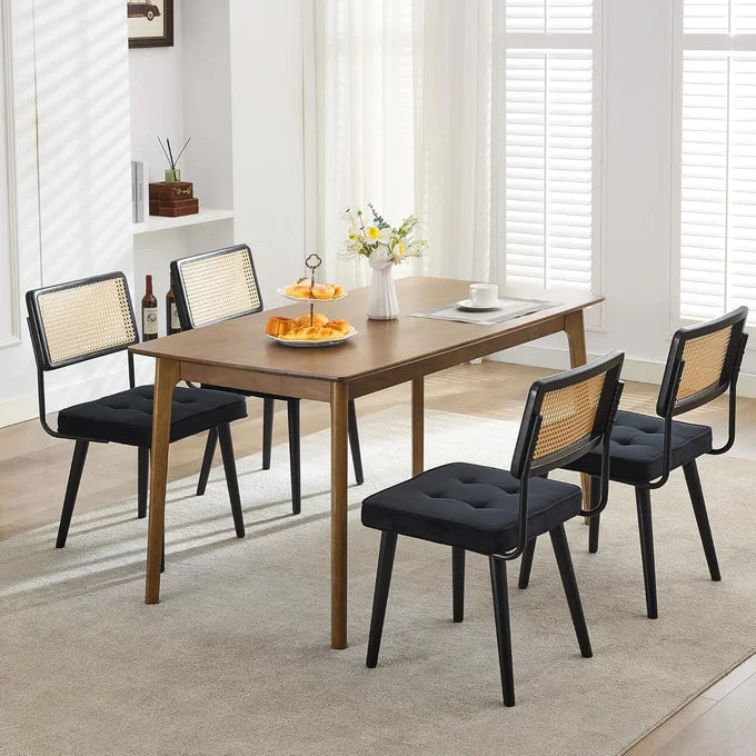 GARVEE Set of 2 Scandi Black Velvet Dining Chairs Rattan Cane Backrest Upholstered Padded Seat Wooden Legs Kitchen Living Room Furniture