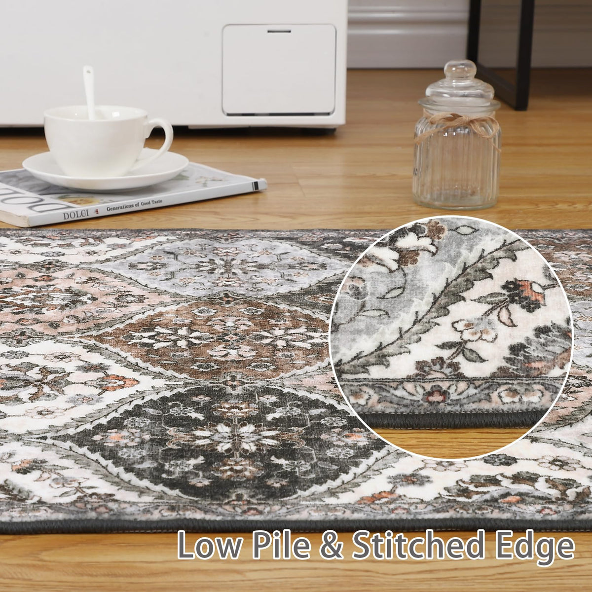 GARVEE 120x170 cm Washable Area Rug Non-Slip Faux Wool Soft Vintage Floral Carpet Pet Friendly Low Pile Mat for Living Room Bedroom Grey Brown