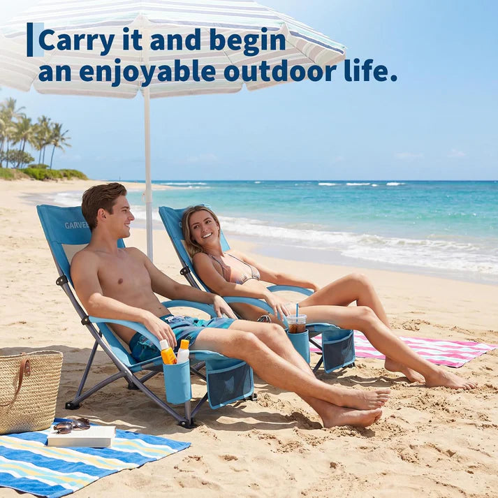 Garvee Blue Set of 4 Folding Beach Chairs 150 kg Heavy Duty Collapsible Deck Chairs with Backpack Straps and Cup Holder for Outdoor Camping