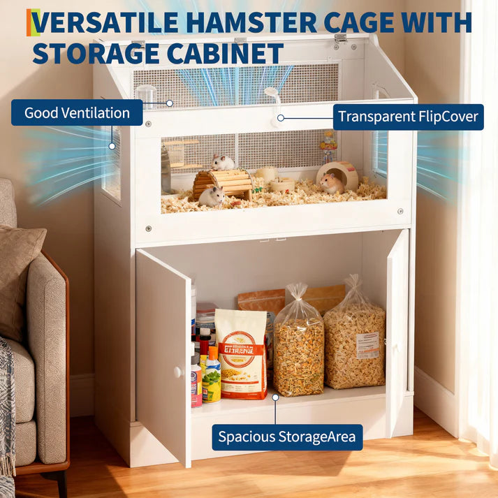 Garvee Clear Hamster Cage with Storage Cabinet Acrylic Panels Ventilated Small Animal Enclosure for Hamsters Hedgehogs and Small Pets 80x40x108 cm