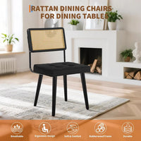 GARVEE Set of 2 Scandi Black Velvet Dining Chairs Rattan Cane Backrest Upholstered Padded Seat Wooden Legs Kitchen Living Room Furniture