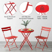 Garvee Red Foldable Metal Garden Bistro Set 3 Piece Table and Chairs Outdoor Furniture No Assembly Required for Balcony Patio and Terrace