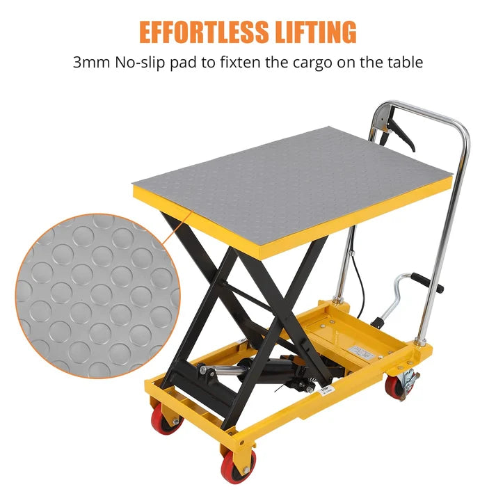 GARVEE 150kg Hydraulic Lift Table Cart Heavy Duty Single Scissor Lift Trolley 72cm Height Industrial Material Handling with Locking Wheels & Non-Slip Pad Yellow