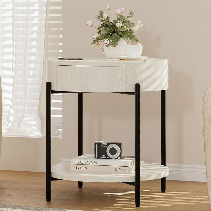 Garvee Vintage Farmhouse Round Side Table Bedside Table with Drawer and Sturdy Metal Legs Wood Accent Furniture for Living Room Bedroom and Home Office - Antique White
