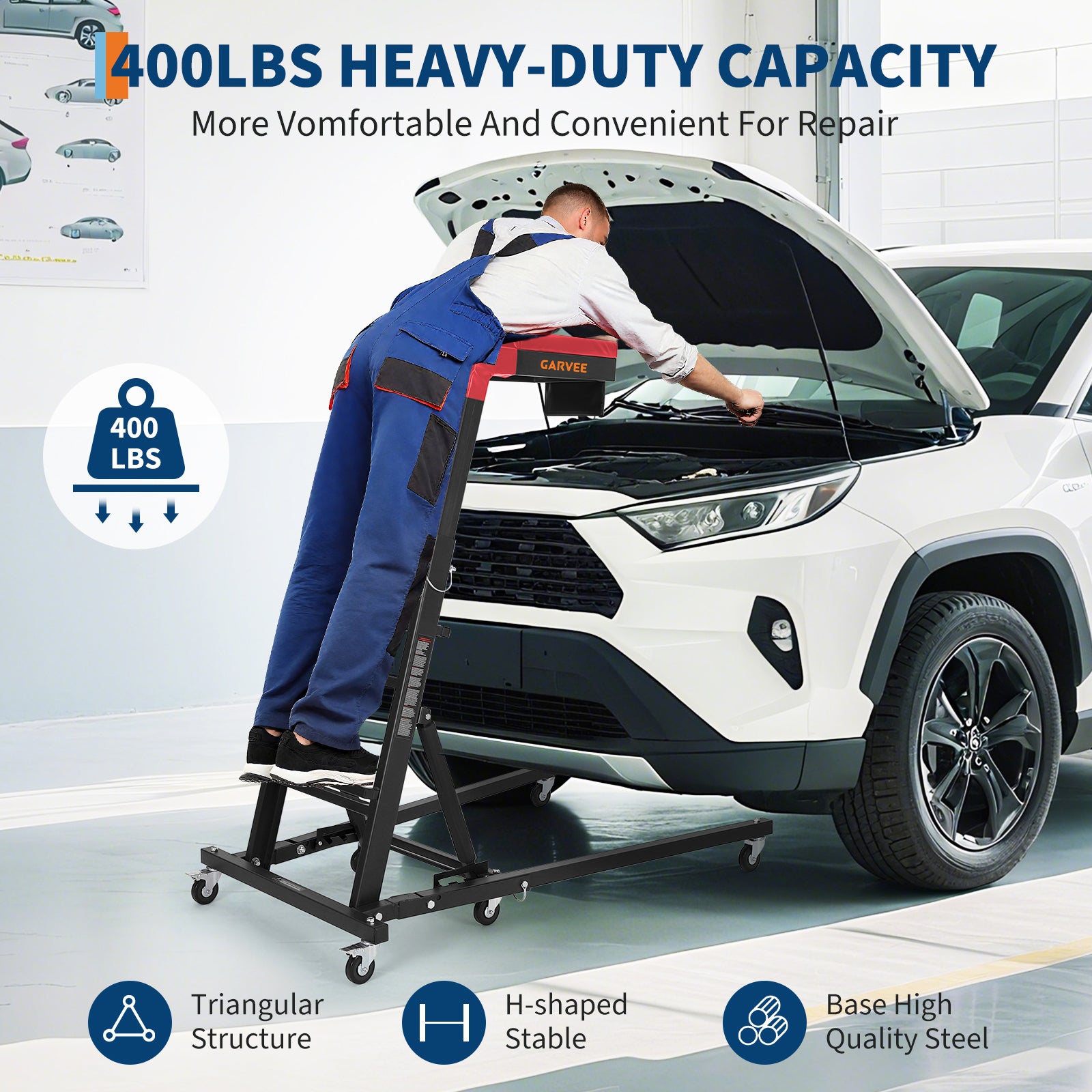 GARVEE Heavy Duty Topside Engine Creeper 181kg Capacity Foldable Height Adjustable 122-168cm Padded Deck Mechanics Creeper with Castors Garage,Black