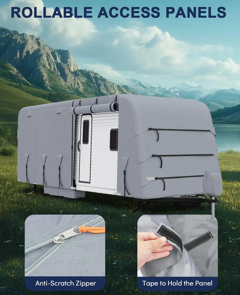 Garvee Heavy-Duty 4-Layer Caravan Cover(20-22ft) – Waterproof & Rip-Stop Breathable Winter Cover – Includes Hitch Cover & Gutter Protectors – Grey
