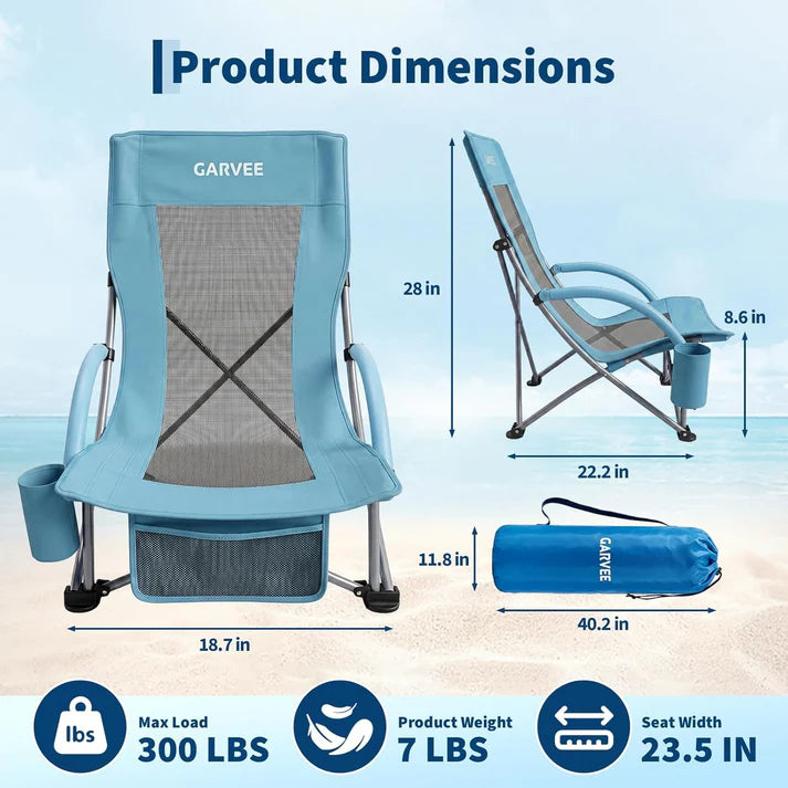 Garvee Blue Set of 4 Folding Beach Chairs 150 kg Heavy Duty Collapsible Deck Chairs with Backpack Straps and Cup Holder for Outdoor Camping