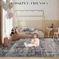 Garvee 200x290 cm Oriental Washable Area Rug Vintage Oriental Floral, Low Pile Soft Pearl Velvet, Non-Slip TPR Backing, Stain-Resistant Polyester, Foldable for Living Room Bedroom Green Camel