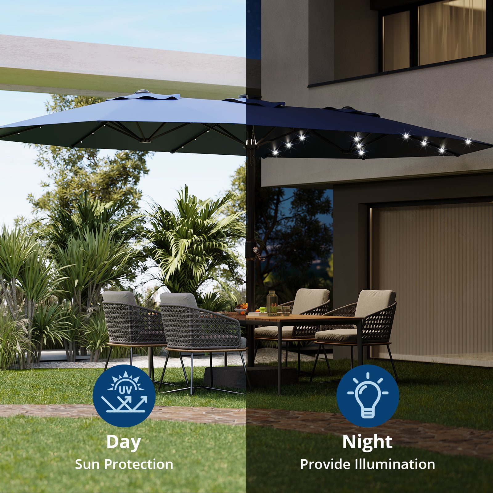 Garvee 4.57m 15ft Rectangular Solar Parasol with LED Lights and Base Included Large Garden Umbrella Crank Handle UV Protection for Patio Backyard Deck Poolside,Navy Blue