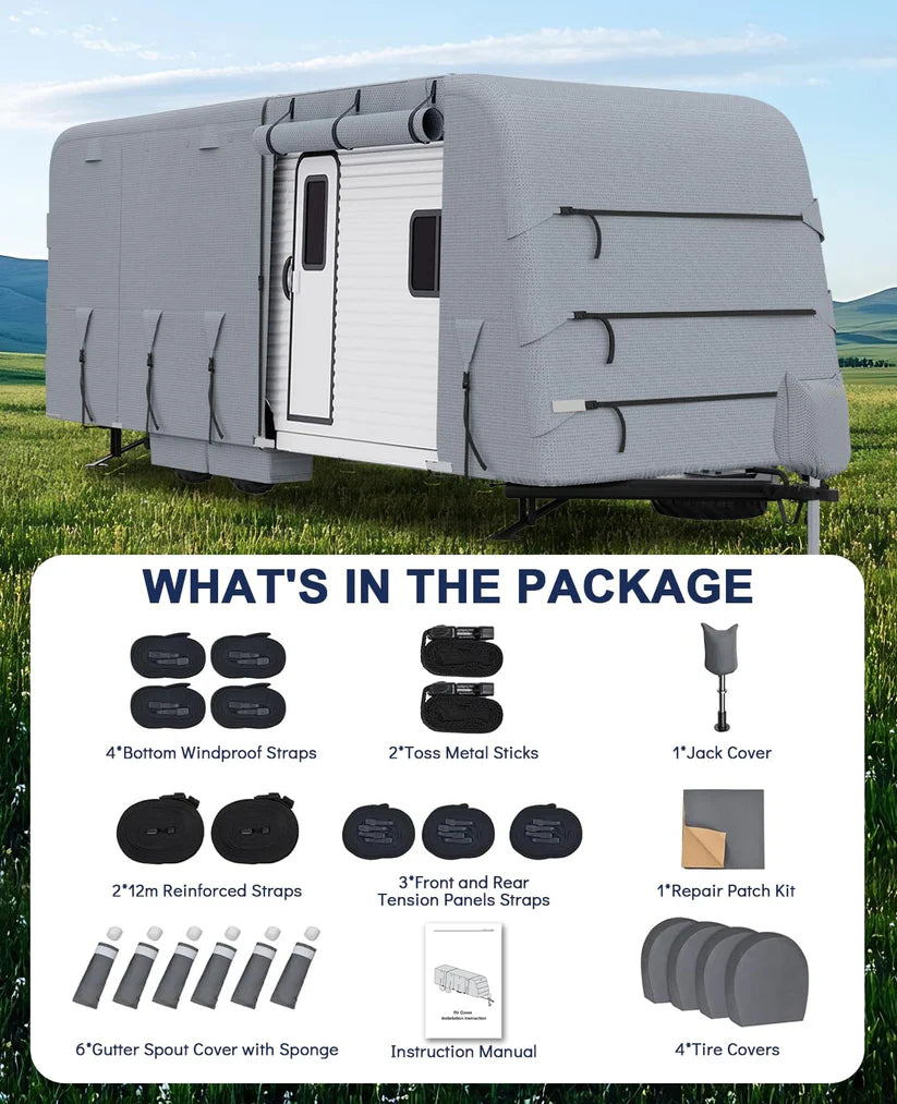 Garvee Heavy-Duty 4-Layer Caravan Cover(20-22ft) – Waterproof & Rip-Stop Breathable Winter Cover – Includes Hitch Cover & Gutter Protectors – Grey
