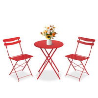 Garvee Red Foldable Metal Garden Bistro Set 3 Piece Table and Chairs Outdoor Furniture No Assembly Required for Balcony Patio and Terrace