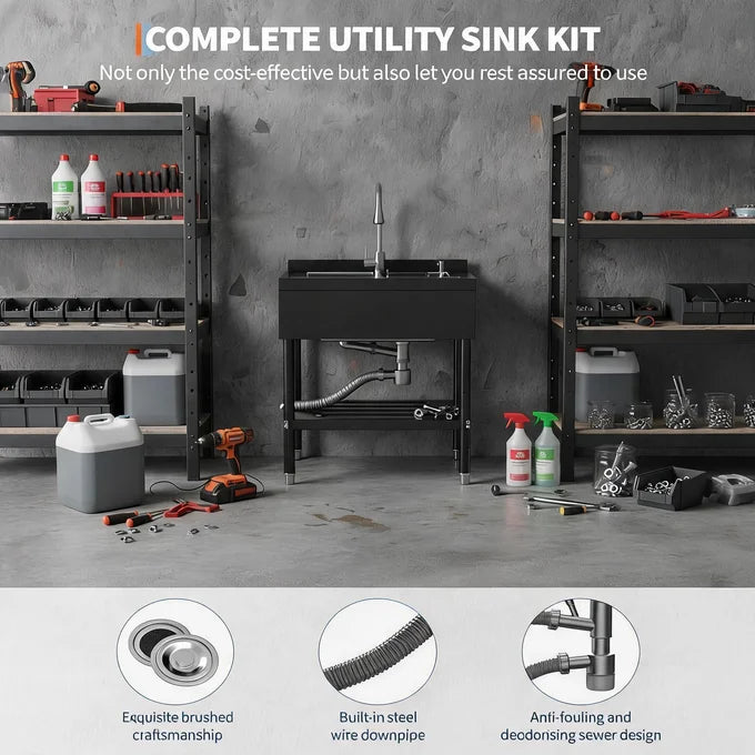 GARVEE 65 × 52 × 100 cm Stainless Steel Utility Sink Freestanding Laundry Basin Cabinet with Tap Drain Hose Kit for Garage Kitchen Bathroom Laundry Room Silver