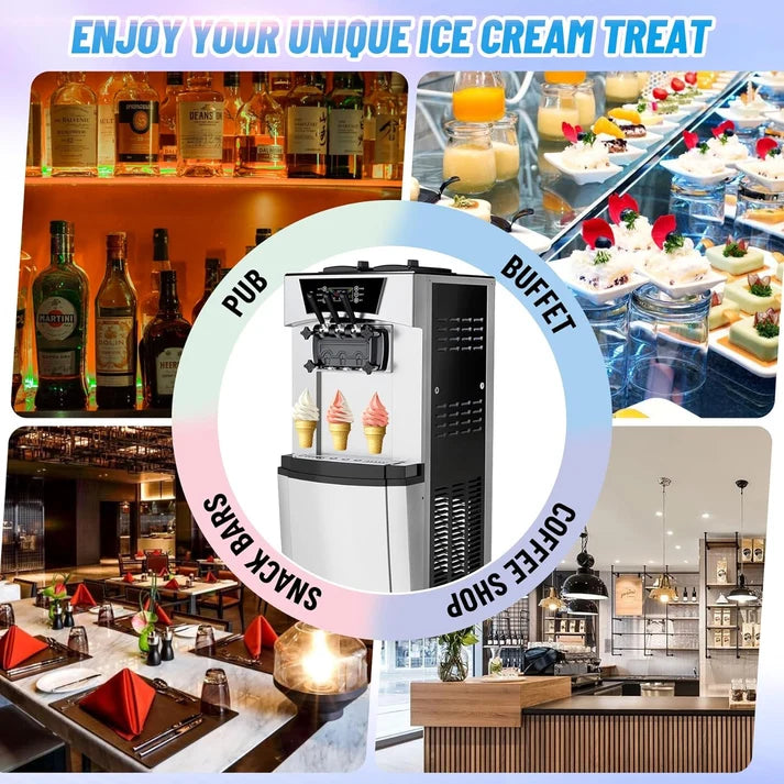 Garvee 2200W Commercial Soft Serve Ice Cream Machine | 30L/h High Yield, 3-Flavor Twist, Overnight Pre-Cooling (UK 3-Pin Plug)