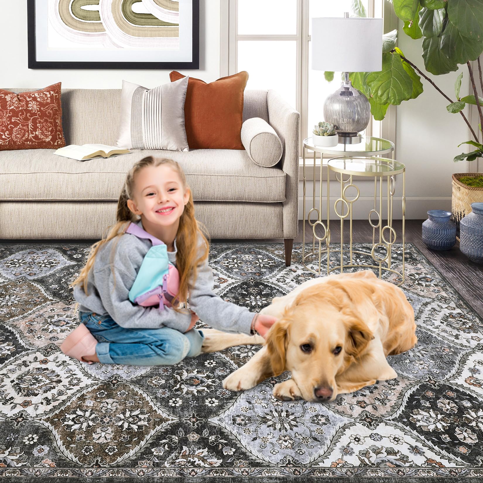 GARVEE 120x170 cm Washable Area Rug Non-Slip Faux Wool Soft Vintage Floral Carpet Pet Friendly Low Pile Mat for Living Room Bedroom Grey Brown
