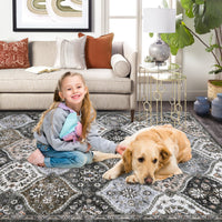 GARVEE 120x170 cm Washable Area Rug Non-Slip Faux Wool Soft Vintage Floral Carpet Pet Friendly Low Pile Mat for Living Room Bedroom Grey Brown