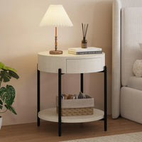 Garvee Vintage Farmhouse Round Side Table Bedside Table with Drawer and Sturdy Metal Legs Wood Accent Furniture for Living Room Bedroom and Home Office - Antique White