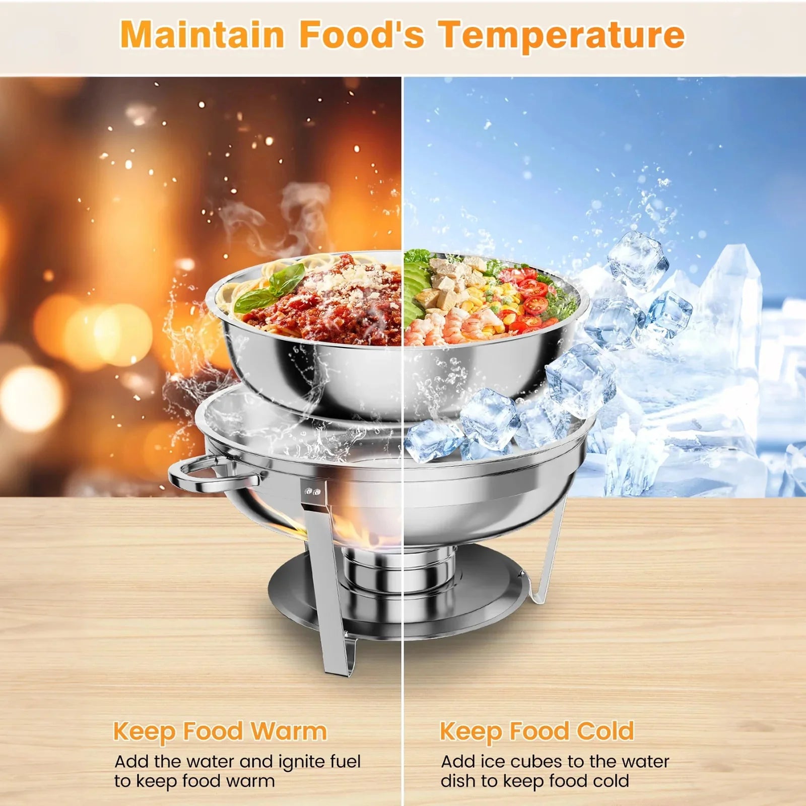 Garvee 4.7L Chafing Dish Buffet Set of 4 Pack, Round Stainless Steel Food Warmers Buffet Servers Sets, Chafer with Food & Water Pan, Lid, Frame, Fuel Holder for Catering and Parties