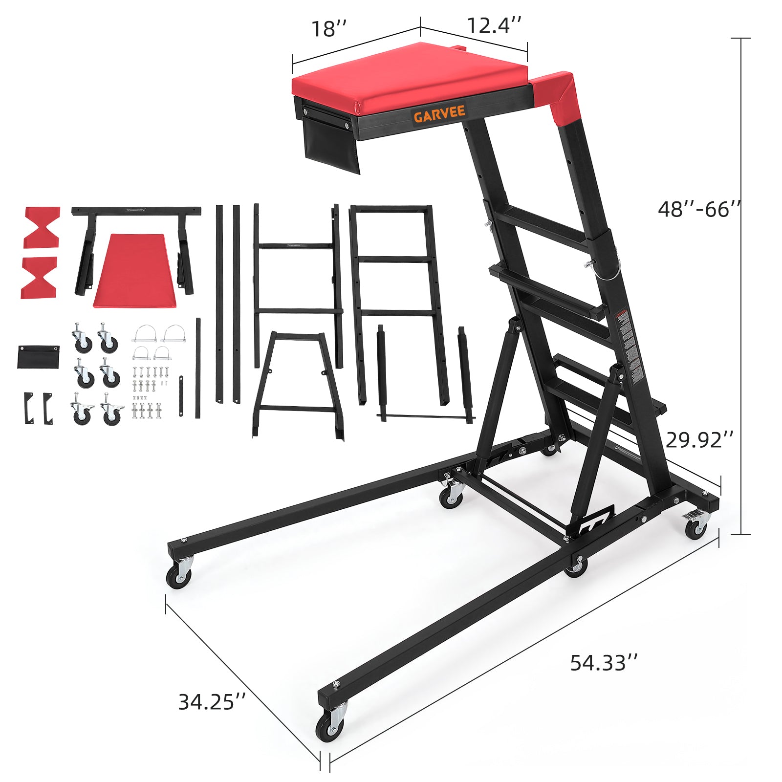 GARVEE Heavy Duty Topside Engine Creeper 181kg Capacity Foldable Height Adjustable 122-168cm Padded Deck Mechanics Creeper with Castors Garage,Black