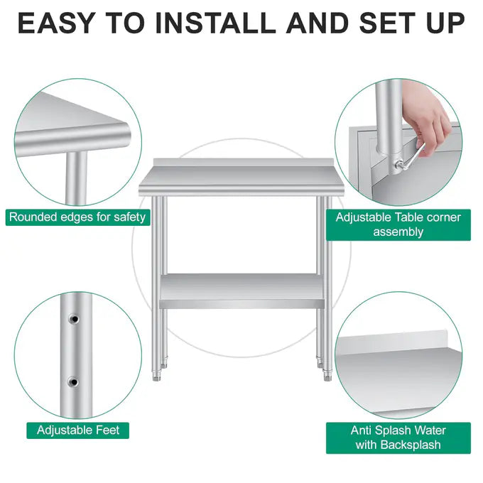 Garvee Silver Stainless Steel Commercial Catering Prep Table 91.4 x 61 x 88.9 cm Heavy Duty Work Table with Adjustable Under Shelf for Kitchen and Garage