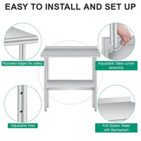 Garvee Silver Stainless Steel Commercial Catering Prep Table 91.4 x 61 x 88.9 cm Heavy Duty Work Table with Adjustable Under Shelf for Kitchen and Garage
