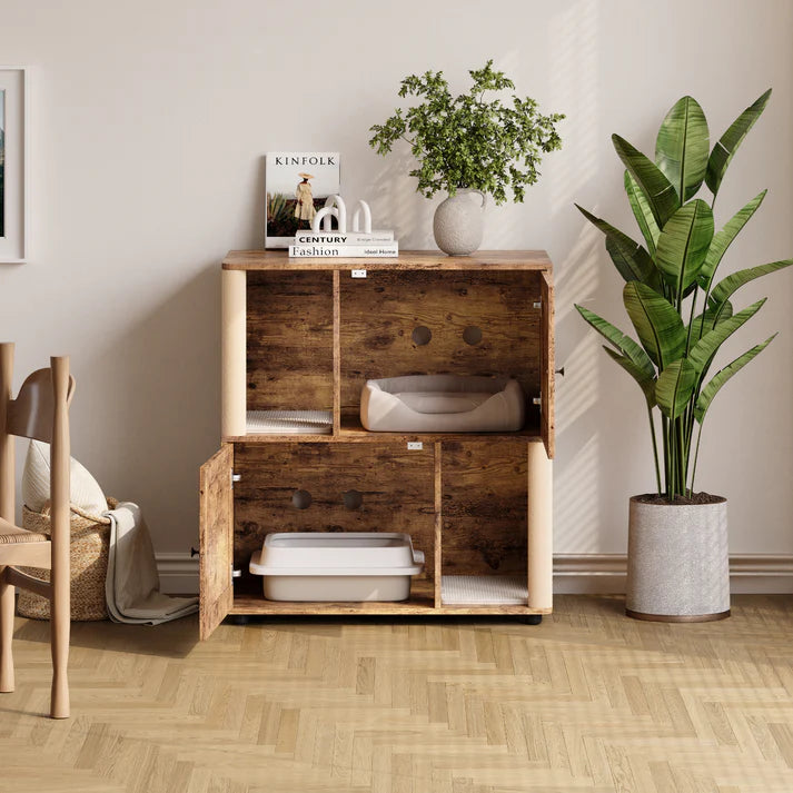 Garvee Double Layer Cat Litter Box Furniture With Scratching Post And Litter Mats, Wooden Corner Cabinet, Multi-Functional, Easy To Clean, Natural Wood Color