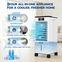 Garvee Evaporative Cooler, 7L (1.54Gal) Portable Air Conditioner Fan with TOUCH SCREEN & Remote Control, 3 Speeds & LED Display, Casters Included, 65W, UK Plug for Bedroom, Office, Home