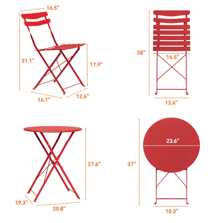 Garvee Red Foldable Metal Garden Bistro Set 3 Piece Table and Chairs Outdoor Furniture No Assembly Required for Balcony Patio and Terrace