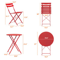 Garvee Red Foldable Metal Garden Bistro Set 3 Piece Table and Chairs Outdoor Furniture No Assembly Required for Balcony Patio and Terrace
