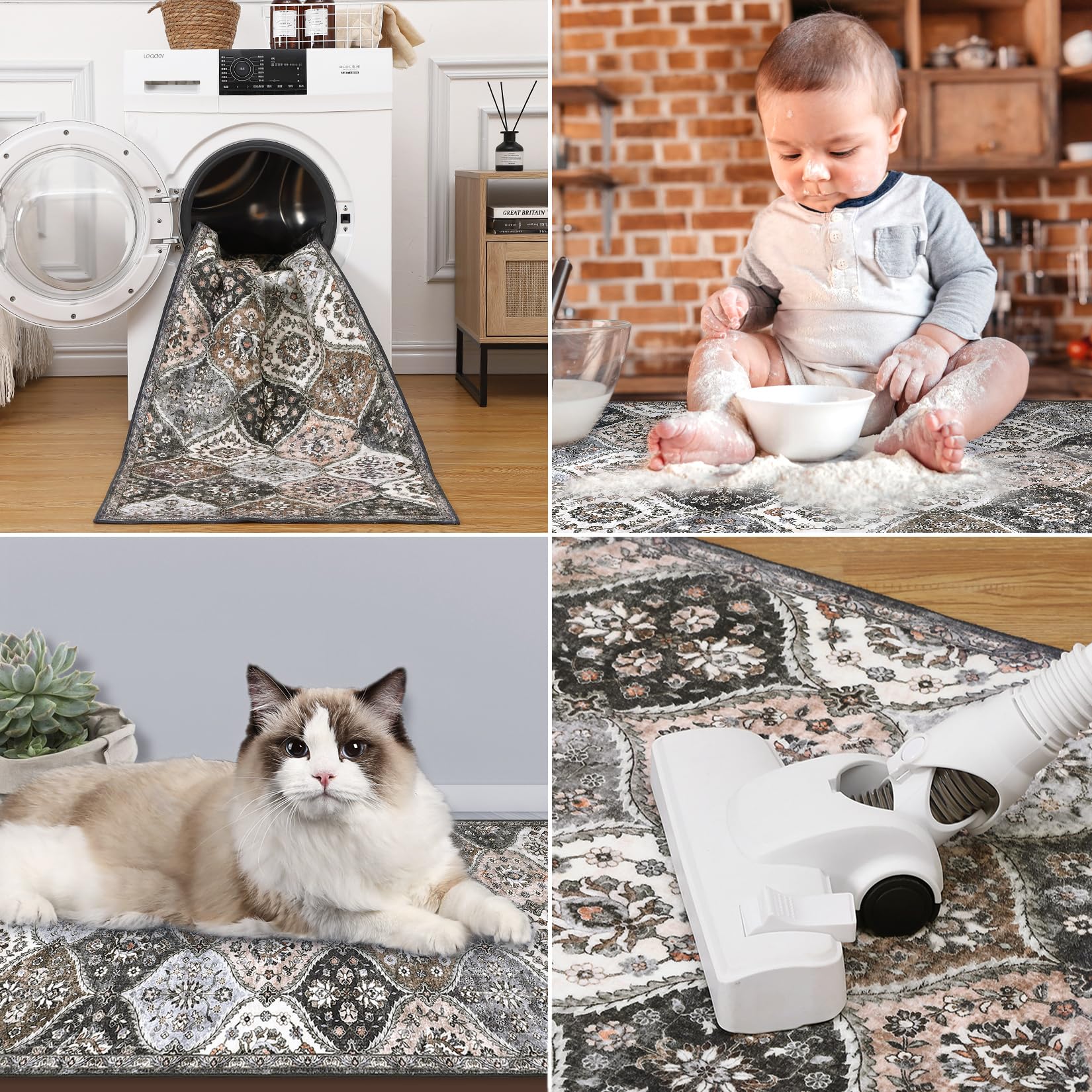 GARVEE 120x170 cm Washable Area Rug Non-Slip Faux Wool Soft Vintage Floral Carpet Pet Friendly Low Pile Mat for Living Room Bedroom Grey Brown