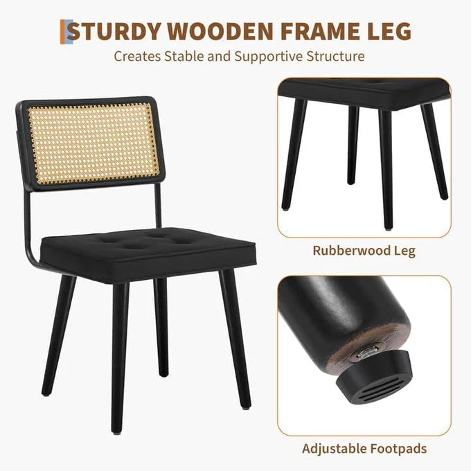 GARVEE Set of 2 Scandi Black Velvet Dining Chairs Rattan Cane Backrest Upholstered Padded Seat Wooden Legs Kitchen Living Room Furniture