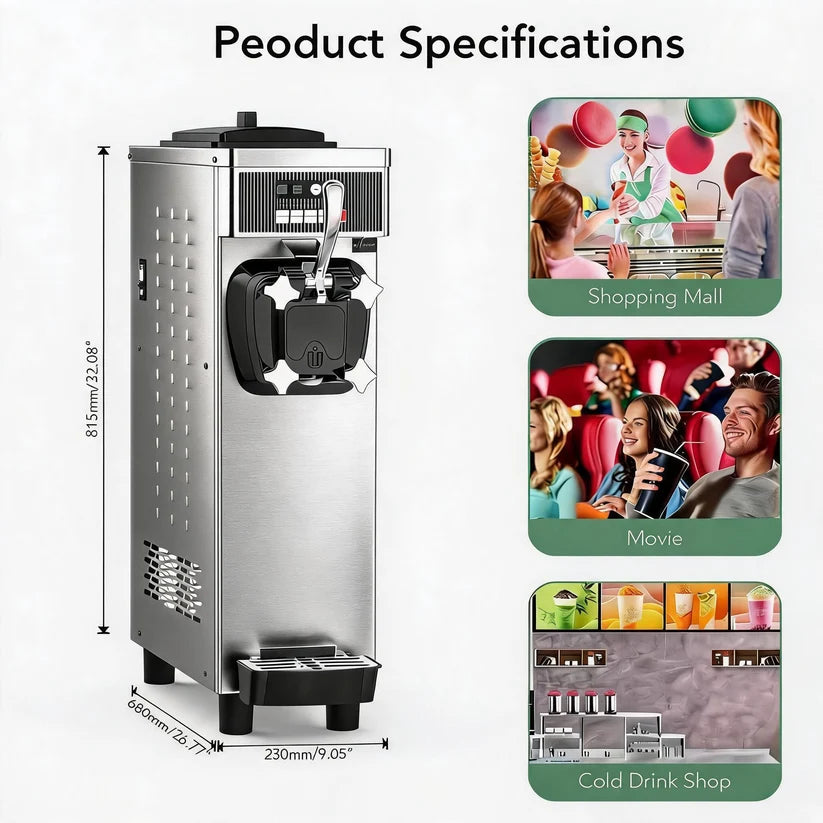 Garvee 1100W Commercial Soft Serve Ice Cream Machine Compact 22L/h High Yield, 7L Hopper, Pre-Cooling (UK 3-Pin Plug, 220V)