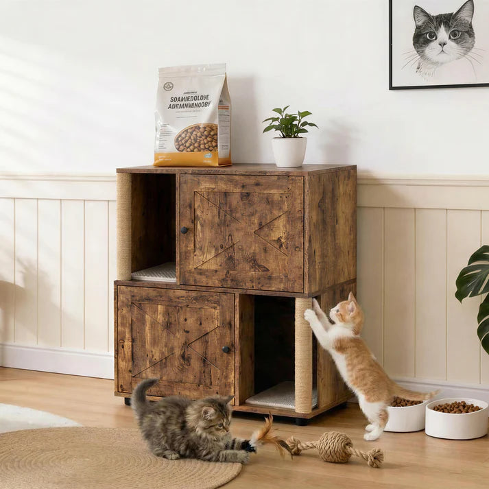 Garvee Double Layer Cat Litter Box Furniture With Scratching Post And Litter Mats, Wooden Corner Cabinet, Multi-Functional, Easy To Clean, Natural Wood Color